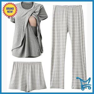 Maternity Nursing Pajama Set 3-Piece Soft Postpartum Breastfeeding Sleepwear